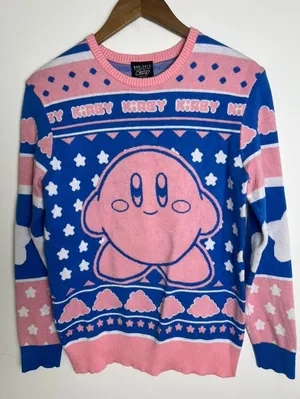 BoxLunch Kirby Nintendo Blue Pink Star Cloud Knit Sweater Women's XS Video Game thumbnail 1
