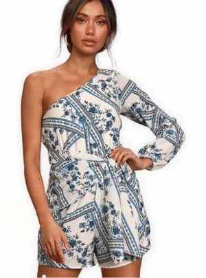 NWOT Lulu's Multi-Print One Shoulder Tie Romper thumbnail 1