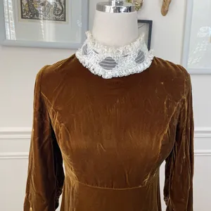Vintage 70s Brown Velvet Maxi Dress Lace Collar Cuff XS thumbnail 3
