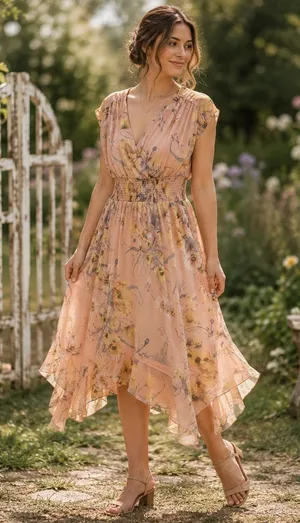 H&M Maxi Chiffon Dress Sz 10 Peach Cottage Boho Romantic Coquette Smock Floral thumbnail 1