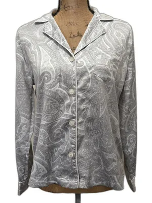 Lauren Ralph Lauren Satin Pajama Top‎ Monogrammed Pocket Gray Paisley Size Small thumbnail 1