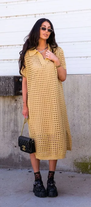 NWT Dressed In Lala Open Knit Polo Midi Dress Large Taupe Tan Crochet Cover Up thumbnail 1