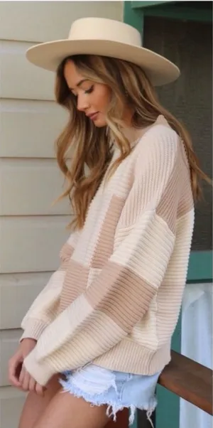 PEPPERMAYO Tulum Nights Neutral Patchwork Knit Checkered Jumper Sweater Size S thumbnail 1