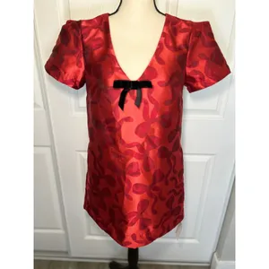 Show Me Your Mumu Jeanette Dress‎ NWT XS Red Jacquard Mini Velvet Bow What Fun thumbnail 2