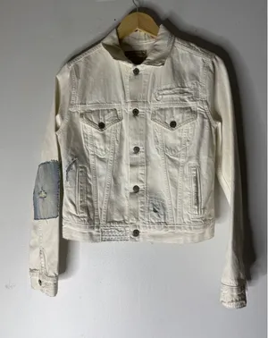 Polo‎ Ralph Lauren white distressed patch on sleeve jean jacket size small thumbnail 1