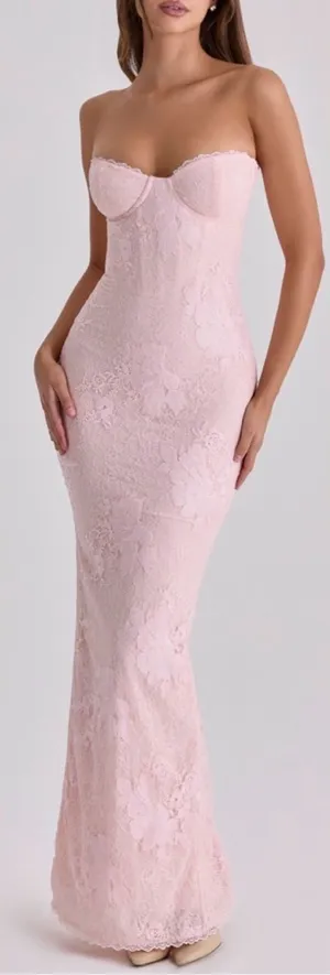 NEW HOUSE OF CB Lucienne Pink Lace Corset Strapless Gown sz XS thumbnail 1