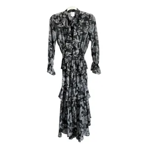 MISA Los Angeles Agnese Ruffle Tiered Midi Dress Chiffon Black Floral Boho XS thumbnail 2