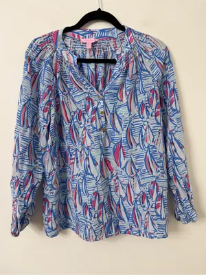 {M} Lilly Pulitzer Silk Elsa Top Red Right Return Sailboat RRR Blouse thumbnail 1