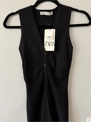 Zara Ribbed Button Front Longline Top Black Size Medium NWT thumbnail 2