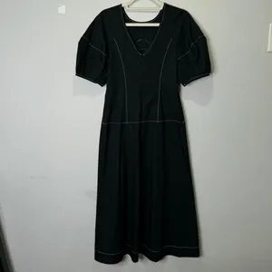 NWT‎ Madewell Puff-Sleeve Drop-Waist Midi Dress Lightweight Cotton Black NQ890 thumbnail 5