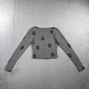 Skull Print Waffle Knit Cropped Top Small L/S Y2K‎ Edgy Emo Punk Goth Grunge thumbnail 3