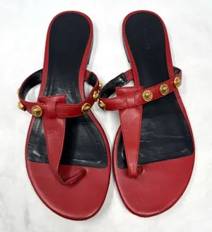 VERSACE Medusa Logo Studded Leather Thong Slide Flat Sandal Shoes Red Gold 38 thumbnail 1