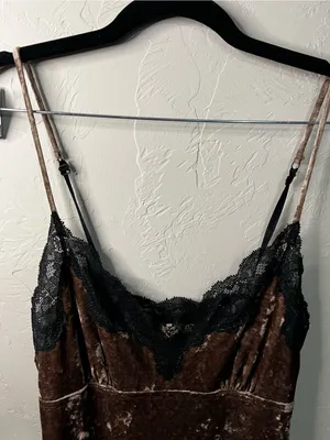 Arianne Vintage 90s Chocolate Brown Velvet Black Lace Slip Mini Dress thumbnail 3