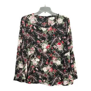 LOFT Black Floral Bell Sleeve Blouse Size M thumbnail 2