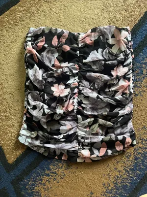 Honey Punch Black Floral Ruffled Mini Skirt with Pink & Cream Blooms thumbnail 3