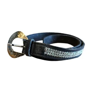 Italian Leather Rhinestone Belt Size XS Western Silver Black Boho Vintage thumbnail 10