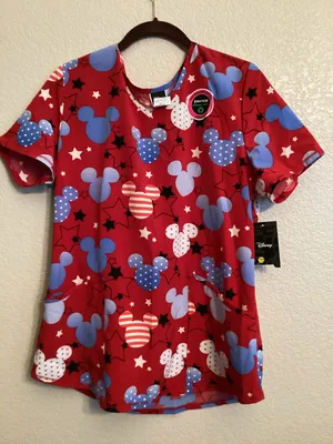 NWT Disney Mickey Mouse Red White Blue Patriotic V-neck Scrub Top American M thumbnail 1