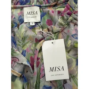 MISA Los Angeles Dress Small Watercolor Floral Midi Smocked Rainbow Boho #BB13-1 thumbnail 3