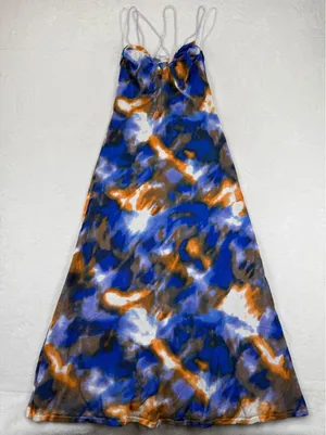Zara Womens Abstract‎ Watercolor Knit Maxi Dress Blue Orange Strappy Size Medium thumbnail 1