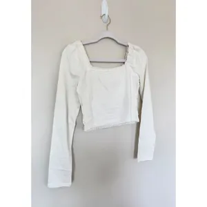 Free People Ivory Lace Trim Ruched Long‎ Sleeve Crop Top Tie Front Size Medium thumbnail 4
