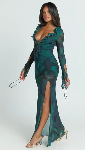 New Showpo Katie Maxi Dress - Ruffle Plunge Neck Long Sleeve Dress Size Small thumbnail 1