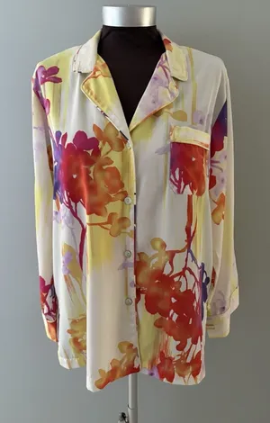 Natori Pajama Top Womens Medium Multicolor Floral Lounge Silky Button Up thumbnail 1