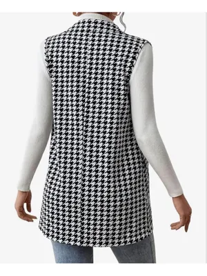 NEW Houndstooth Lapel Button Front Blazer Sleeveless Long Vest M Black Size M thumbnail 2