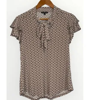 Adrianna Papell Tan Geo Print Stretch Knit Retro Ruffle Sleeve Tie Neck Blouse S thumbnail 1