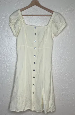 Forever 21 Yellow Linen‎ Blend Puff Sleeve Button Front Mini Dress Small thumbnail 1