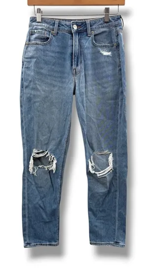 American Eagle Mom Jeans Womens 2 Short Blue‎ Distressed High Rise Ripped Knee thumbnail 1