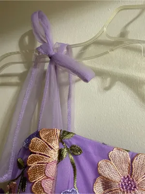 Womens L Large 42” Lavender Purple Mini Dress Embroidered Flowers Allover Fairy thumbnail 4