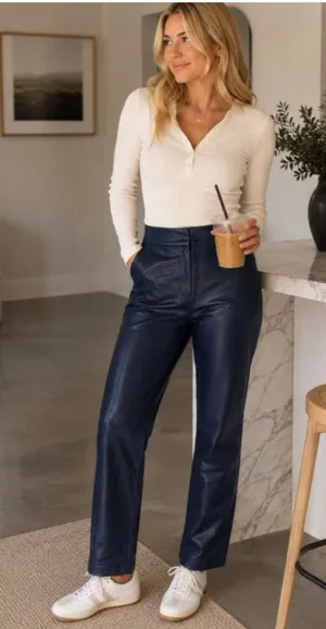 Women's J.Crew Navy Faux Leather Straight Leg Pants Size 2 thumbnail 1