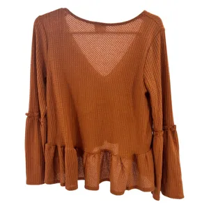 Peach Love California high low bell sleeve waffle knit ruffle flare rust S flowy thumbnail 2