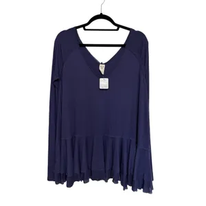 Free People NEW We The Free Tangerine Long Sleeve Peplum Flowy Boho Tee in Violet - Size L thumbnail 3