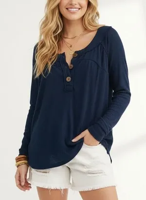 We The Free Must Have Thermal Top Blue Waffle Knit Henley Slouchy Boho Size M thumbnail 1
