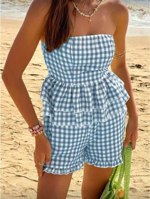 SheIn Jouncy Summer Vacation Casual Textured Plaid Print Ruffle Hem Tube Top & Loose Shorts thumbnail 1