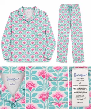 PajamaGram Floral Cotton Pajama Set Aqua Pink Women’s XL thumbnail 2