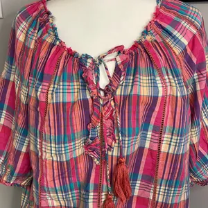 Sundance Tender Plaid tie neck ruffle blouse size large pink blue boho feminine thumbnail 2