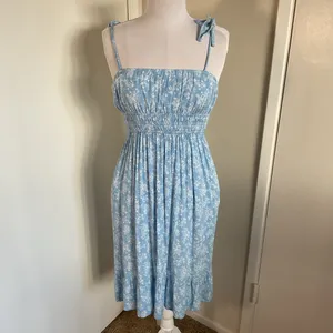 Light Blue Floral Midi Dress Small A-Line Summer Cottagecore Tie Strap Plaid thumbnail 2