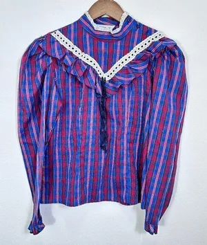 Vintage 70s Plaid Prairie Blouse Eyelet Lace‎ Victorian Revival High Neck Ruffle thumbnail 1