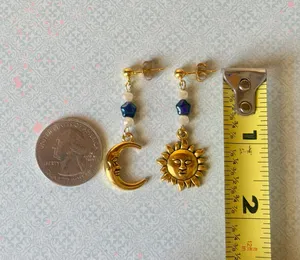 Handmade gold tone moon & sun boho fairly retro hippie dangle earrings 🌞🌙✨ 🍃 thumbnail 7