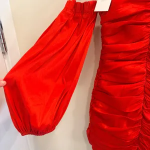 Bardot Marissa Mini Dress Red Ruched Taffeta Off Shoulder Balloon Sleeve XS NEW thumbnail 5
