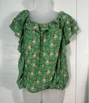Max Studio Top Green Floral Women's Elastic Shoulder Top Size Large EUC thumbnail 1