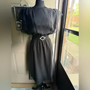Vintage 60/70s black chiffon flutter sleeve belted dress, size medium large thumbnail 2