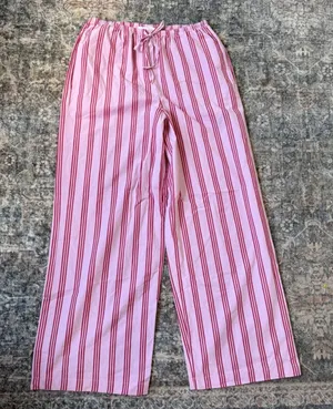 M&S Marks & Spencer Pink Red Striped Cotton Drawstring Pants Wide Leg US 6 thumbnail 1