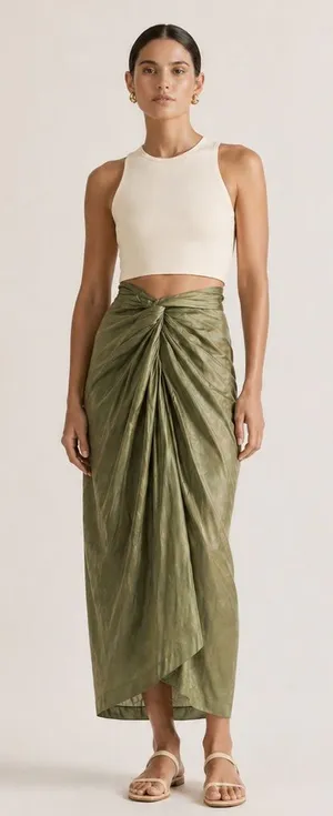 Vince new with tags faux sarong twist front in satin olive green back slit. 12 thumbnail 1