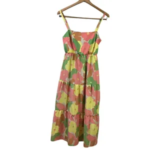 Floral Tiered Maxi Dress Pink‎ Yellow Green Smocked Back Pockets Sleeveless thumbnail 3