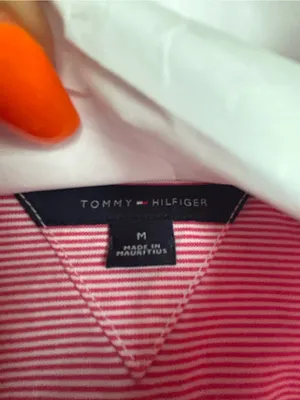 Women Tommy Hilfiger Red and White Micro-Striped Button-Down Shirt (M) thumbnail 2