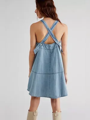 Free People We The Free Pocket Full of Sunshine Denim Mini Dress Size Medium thumbnail 2