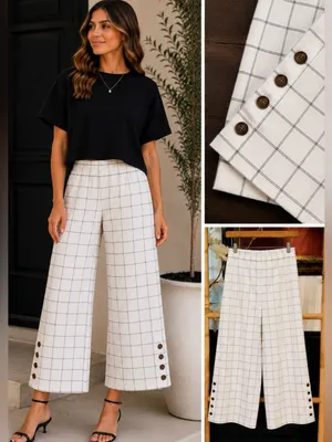 Skies Are Blue Windowpane Plaid Wide Leg Crop Pull On Pants Button Hem Sz S 💛🍄 thumbnail 2